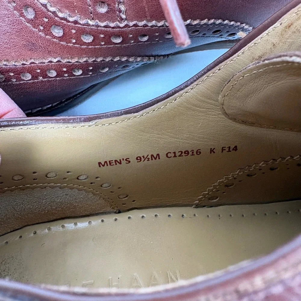 Cole Haan Wingtip Oxford 9.5M Brown Leather Brogue Grand.OS Dress Shoes Business - Picture 3 of 10